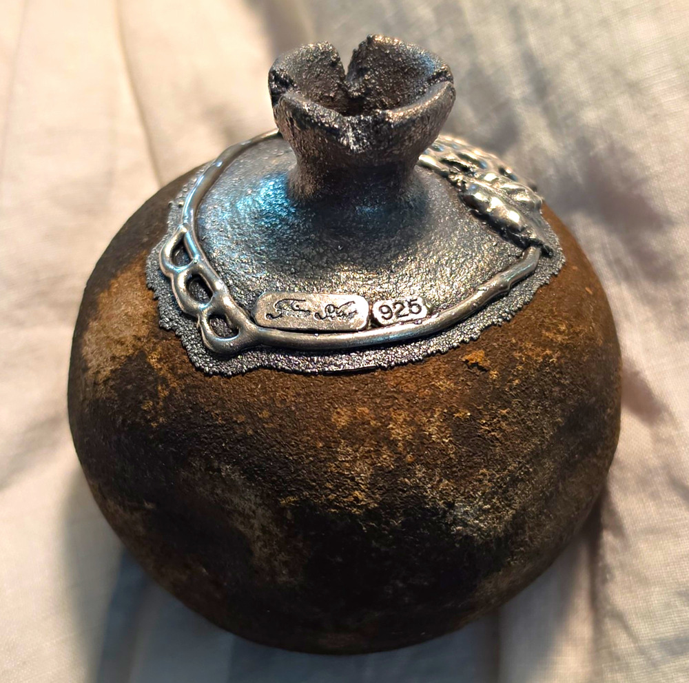 Vintage Sherman Israel Signed 925 Silver Ceramic Pomegranate Vase Sculpture